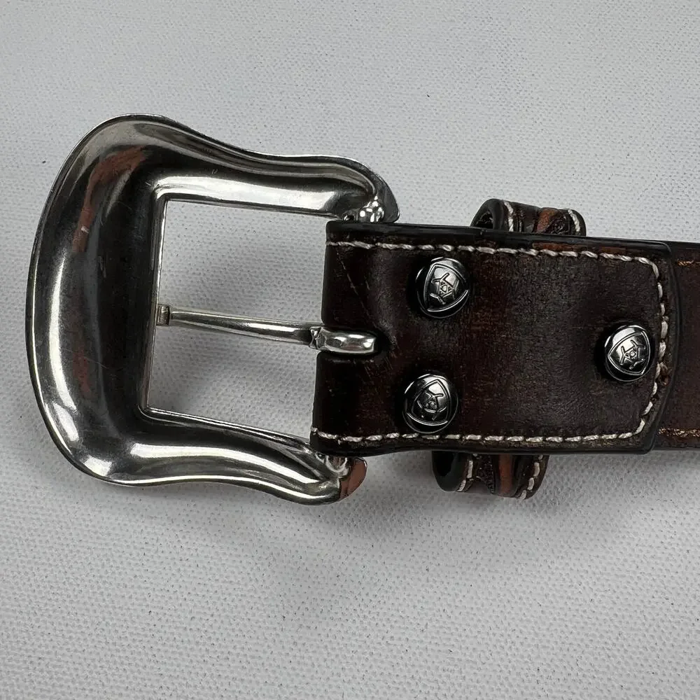 Ariat Tooled Leather Western Embroidered Belt Large Silver Buckle Size 44